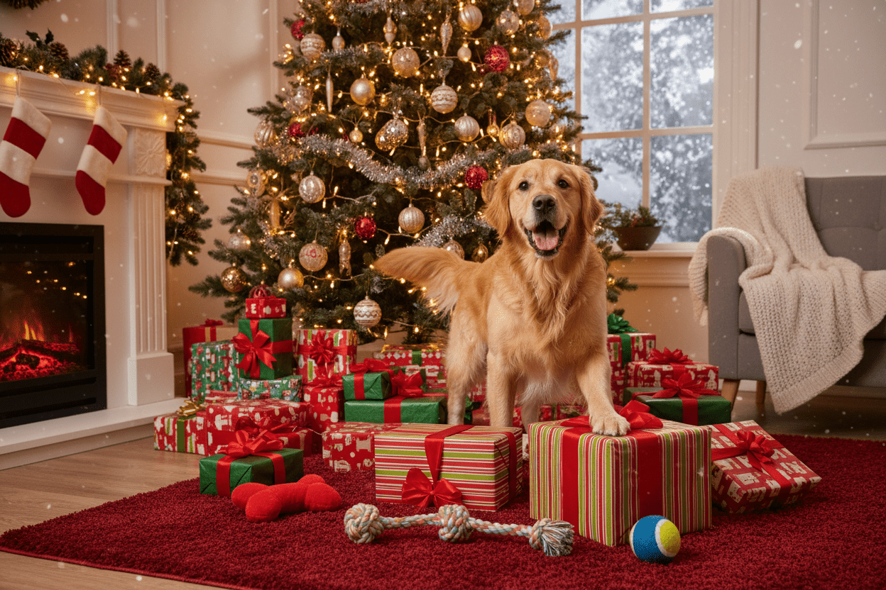 Glad hund med julklappar och leksaker under julgran - julklappar till hund 2026