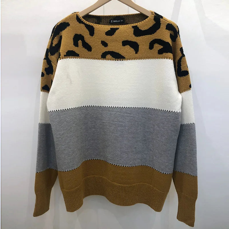 Långärmad stickad tröja med leopardmönster - Dossify