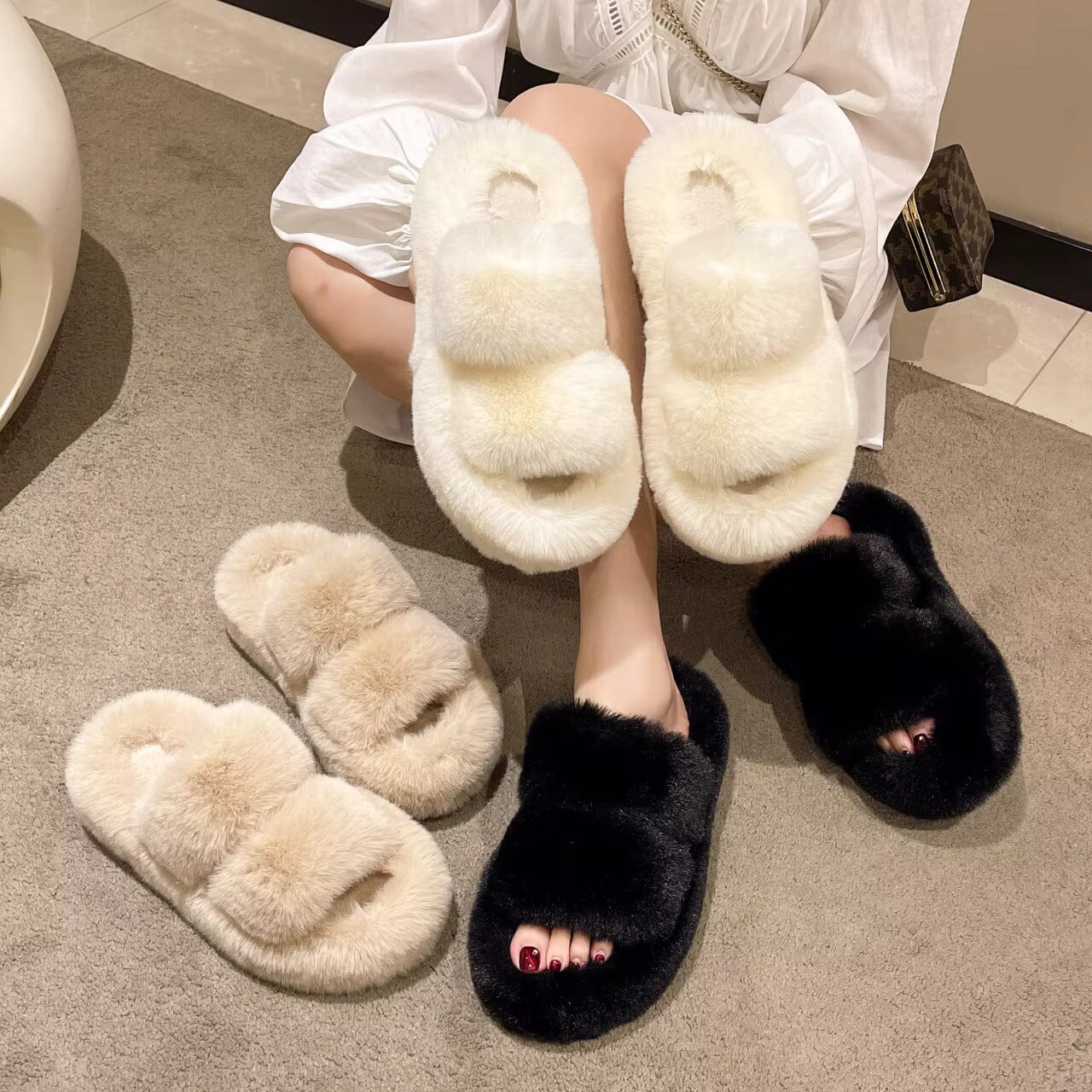 Winter Fluffy Slippers - Fluffiga varma tofflor med sula, Mysiga Tofflor för Vinterkvällar - Dossify