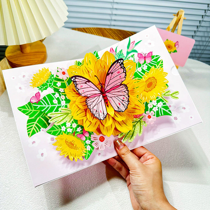 3D Handgjort Blomsterkort Yellow Flower Butterfly - Dossify