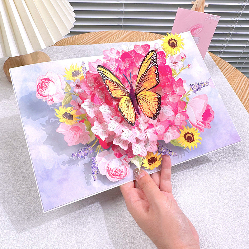 3D Handgjort Blomsterkort Pink Flower Butterfly - Dossify